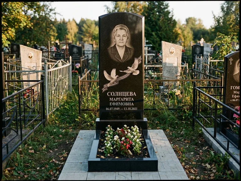 Памятник с гравировкой голубей — гравировка двух летящих голубей с лентой по диагонали стелы, работа «Солнцева» в Омске