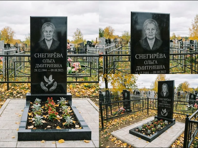 Памятник с гравировкой голубей — гравировка голубя над раскрытыми ладонями внизу стелы, работа «Снегирёва» в Омске