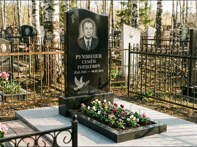 Памятник с гравировкой голубей — гравировка голубя с оливковой ветвью рядом с эпитафией, работа «Румянцев» в Омске