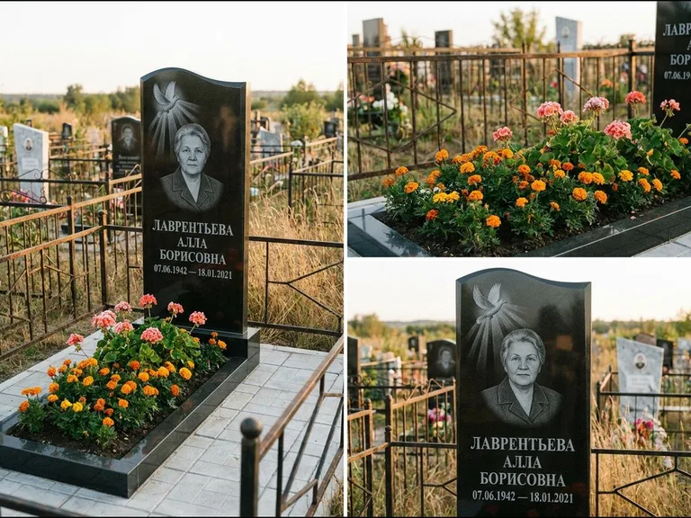 Памятник с гравировкой голубей — гравировка голубя в лучах света над портретом, работа «Лаврентьева» в Омске