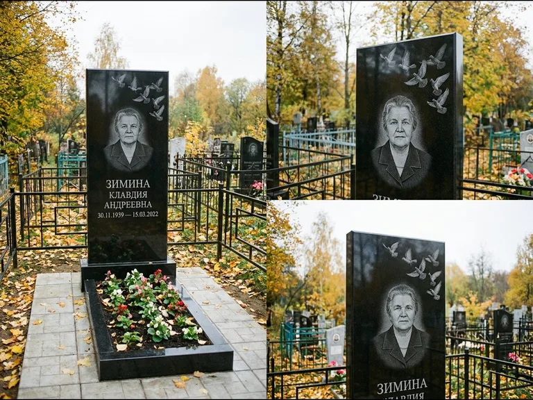 Памятник с гравировкой голубей — гравировка стаи голубей, взлетающей от угла стелы, работа «Зимина» в Омске