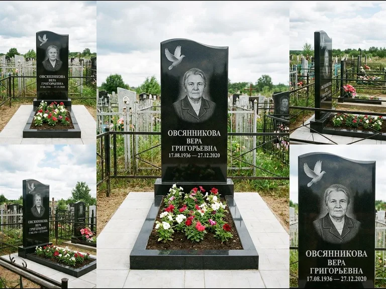 Памятник с гравировкой голубей — белая гравировка взлетающего голубя над портретом, работа «Овсянникова» в Омске