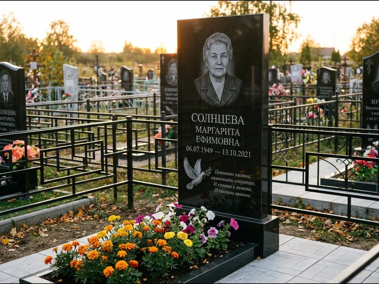Памятник с гравировкой голубей — гравировка голубя с оливковой ветвью рядом с эпитафией, работа «Солнцева» в Омске
