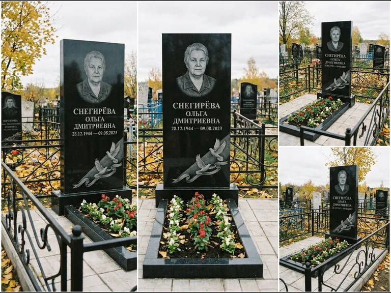 Памятник с гравировкой голубей — гравировка двух летящих голубей с лентой по диагонали стелы, работа «Снегирёва» в Омске