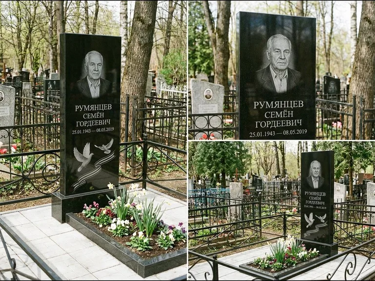 Памятник с гравировкой голубей — гравировка двух летящих голубей с лентой по диагонали стелы, работа «Румянцев» в Омске