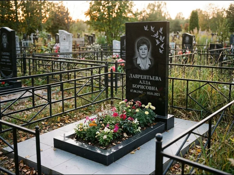 Памятник с гравировкой голубей — гравировка стаи голубей, взлетающей от угла стелы, работа «Лаврентьева» в Омске