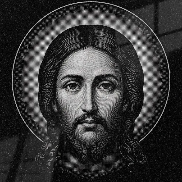 Эскиз иконы: Спас Нерукотворный (полутон) — детальный лик на убрусе, гравировка на памятник в Омске