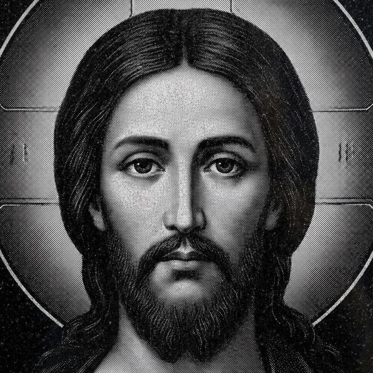 Эскиз иконы: Спас Вседержитель (полутон) — объёмный лик, светотень, гравировка на памятник в Омске