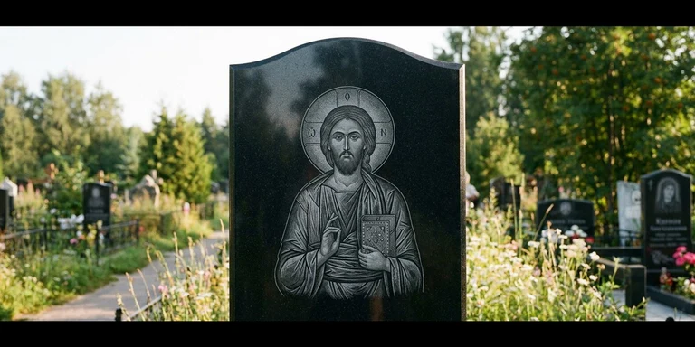 Иконы для гравировки на памятник в Омске — образ на стеле из чёрного гранита с ручной доводкой лика