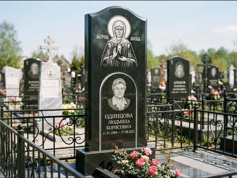Памятник с гравировкой иконы — Владимирская икона Божией Матери с Младенцем, работа «Зотов» в Омске