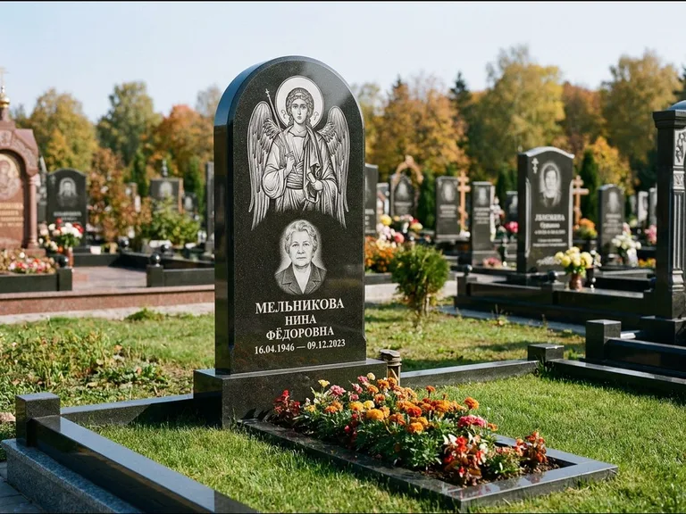 Памятник с гравировкой иконы — икона над портретом усопшего, работа «Журавлёв» в Омске