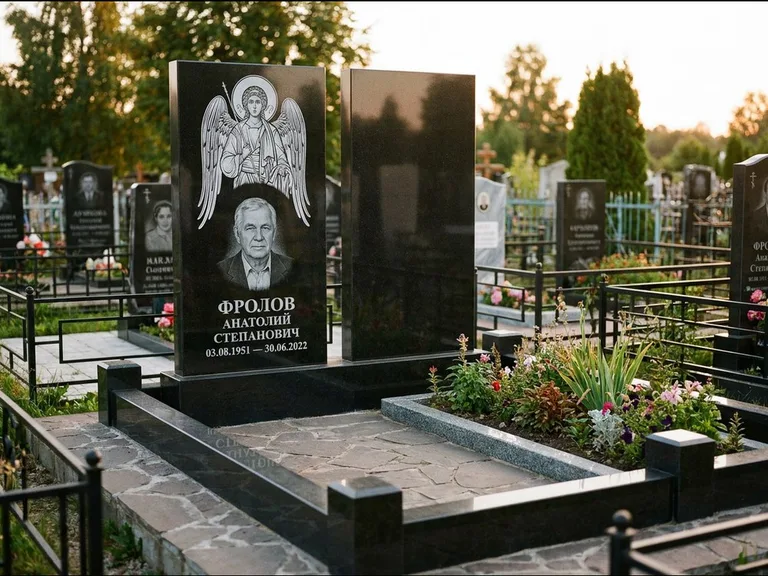 Памятник с гравировкой иконы: стела с резной рамкой вокруг иконы — Архангел Михаил на стеле, белая мраморная крошка с бордюром, работа «Богданова» в Омске