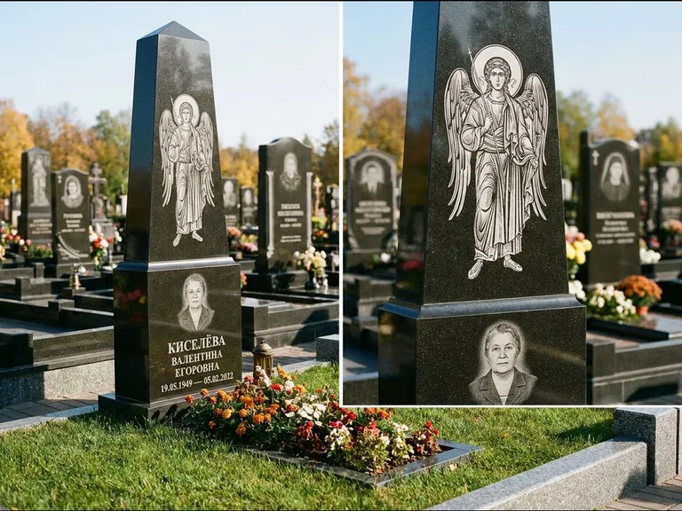 Памятник с гравировкой иконы: асимметричная скошенная стела — гравировка образа Спасителя, живая изгородь из кустарника, работа «Третьяков» в Омске