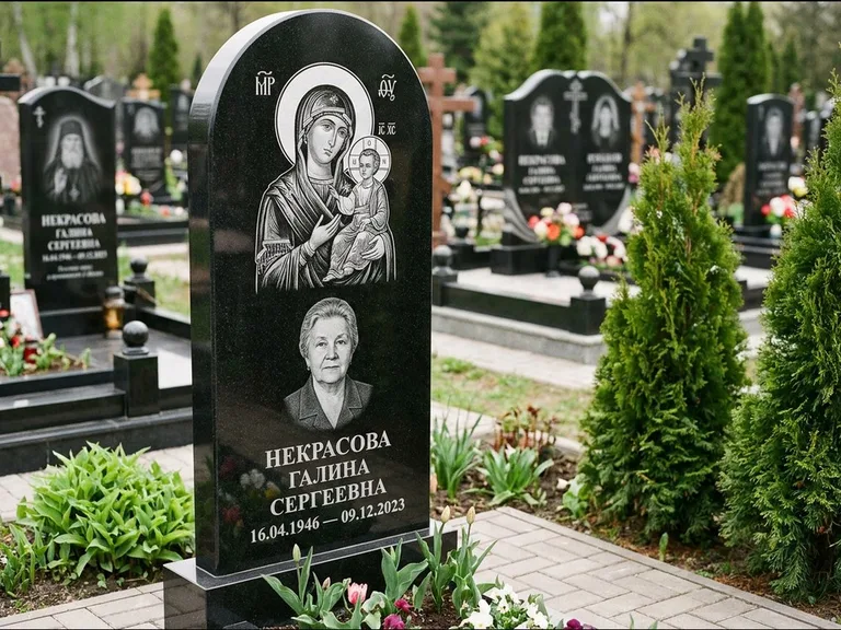 Памятник с гравировкой иконы: фигурная стела с киот-нишей под икону — икона в резной рамке-киоте, светлая гравийная отсыпка, работа «Журавлёв» в Омске
