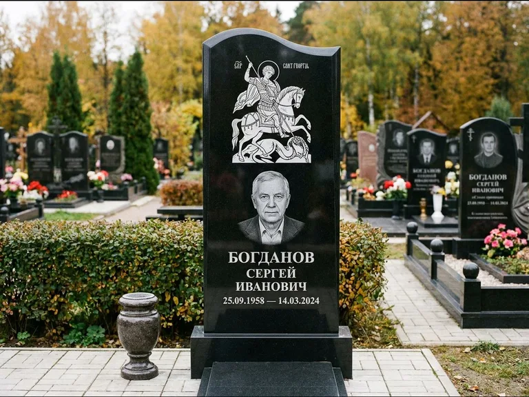 Памятник с гравировкой иконы: монументальный семейный мемориал из двух стел на общем цоколе — гравировка Николая Чудотворца, мощёная гранитная площадка без ограды, работа «Раевская» в Омске