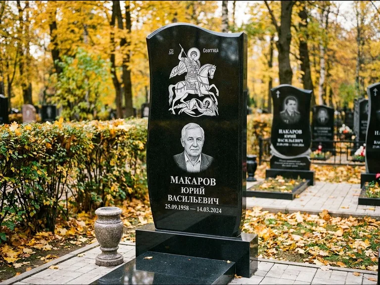 Памятник с гравировкой иконы — икона над портретом усопшего, работа «Раевская» в Омске