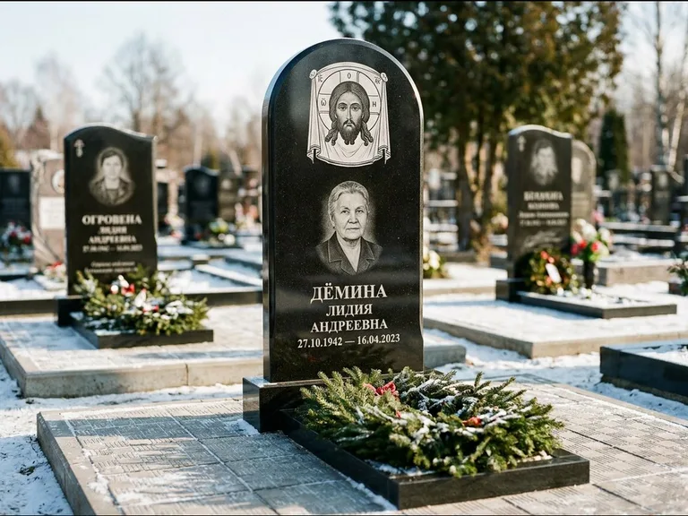 Памятник с гравировкой иконы — икона Спаса Вседержителя над именем усопшего, работа «Ковалёв» в Омске