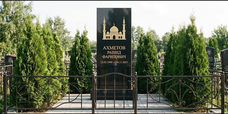 Гравировка мечети на памятник в Омске — стела из чёрного гранита, оформление по канонам ислама