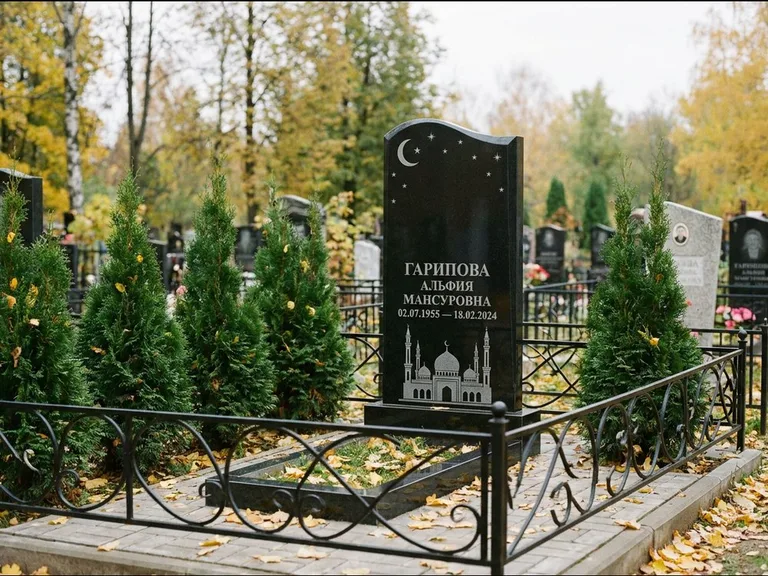 Мусульманский памятник с гравировкой мечети — мечеть с луной в ночном небе, работа «Гарипова» в Омске