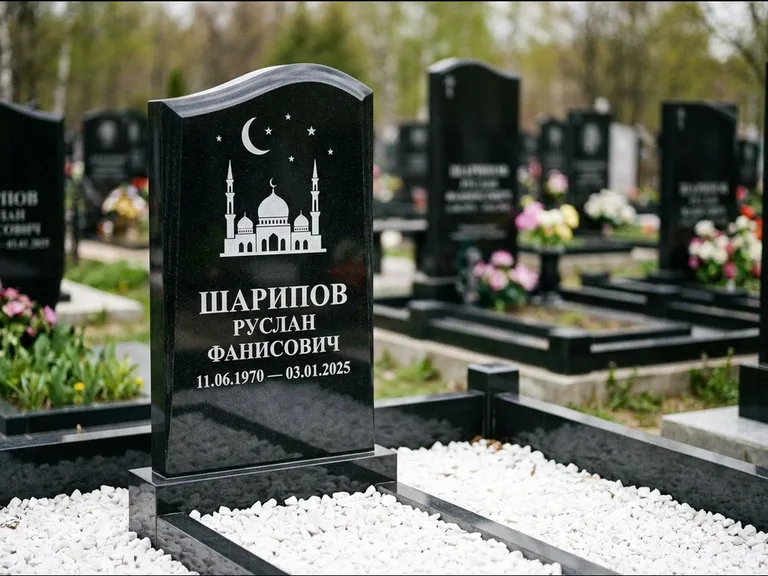 Мусульманский памятник с гравировкой мечети: стела с волнообразным скошенным верхом — гравировка мечети под полумесяцем и звёздами, белая мраморная крошка с бордюром, работа «Шарипов» в Омске