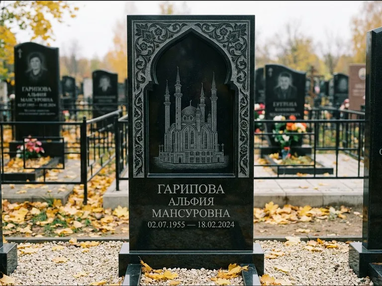 Мусульманский памятник с гравировкой мечети: фигурная стела с михраб-нишей — гравировка мечети в михраб-арке с орнаментом, светлая гравийная отсыпка, работа «Гарипова» в Омске