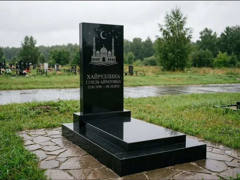 Мусульманский памятник с гравировкой мечети: ступенчатая двухуровневая стела — гравировка мечети под полумесяцем и звёздами, каменная дорожка из плитняка, работа «Хайруллина» в Омске