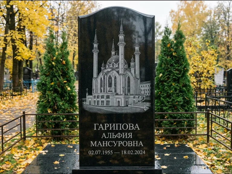 Мусульманский памятник с гравировкой мечети — мечеть Кул-Шариф на обороте стелы, работа «Гарипова» в Омске
