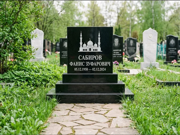 Мусульманский памятник с гравировкой мечети: ступенчатая трёхуровневая стела — золочёная гравировка мечети, дорожка из природного плитняка, работа «Юсупов» в Омске