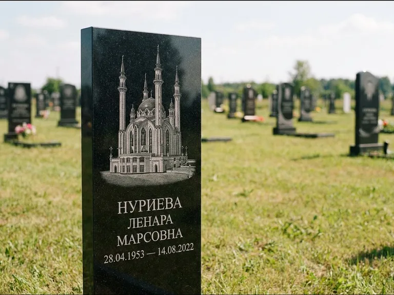 Мусульманский памятник с гравировкой мечети: узкая вертикальная стела-пилон — гравировка мечети в михраб-арке с орнаментом, открытая лужайка без ограды, работа «Хайруллина» в Омске