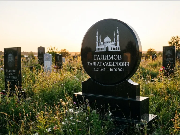 Мусульманский памятник с гравировкой мечети: округлая стела-медальон на тумбе — гравировка мечети в михраб-арке с орнаментом, луговые травы и полевые цветы, работа «Каримов» в Омске