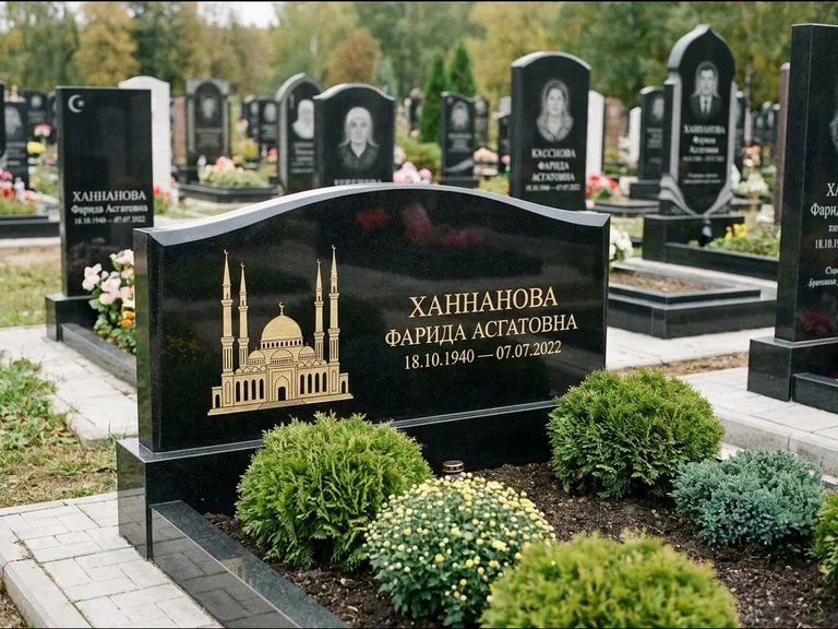 Мусульманский памятник с гравировкой мечети: вытянутая горизонтальная семейная стела с аркой — белая гравировка силуэта мечети с минаретами, участок с декоративными кустами, работа «Гарипова» в Омске