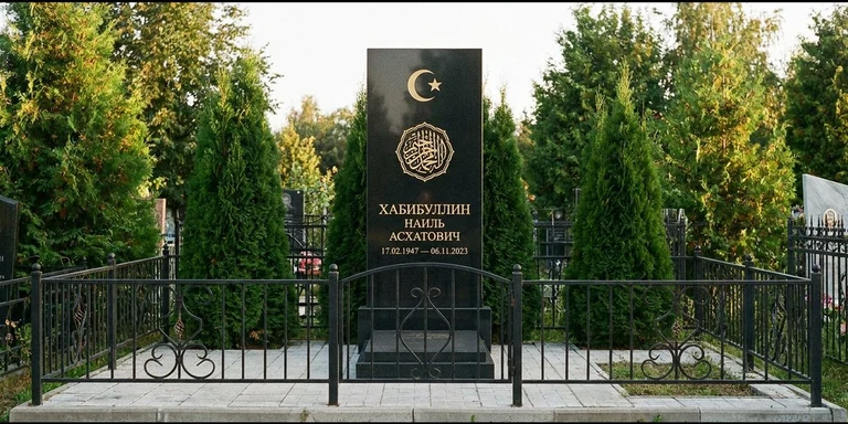 Гравировка на мусульманском памятнике в Омске — стела из чёрного гранита, оформление по канонам ислама