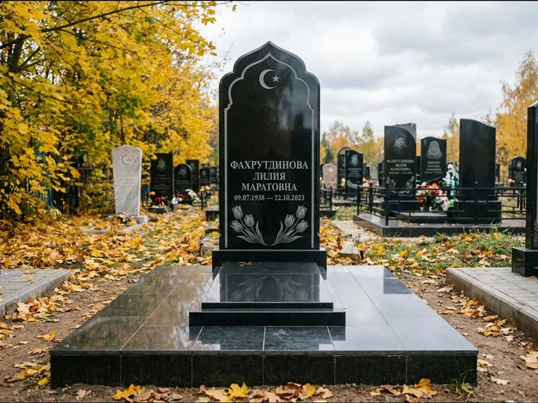 Мусульманский памятник: стела с михраб-навершием в форме арки — гравировка минарета с полумесяцем, гранитный цоколь с тёмной плиткой, работа «Фахрутдинова» в Омске