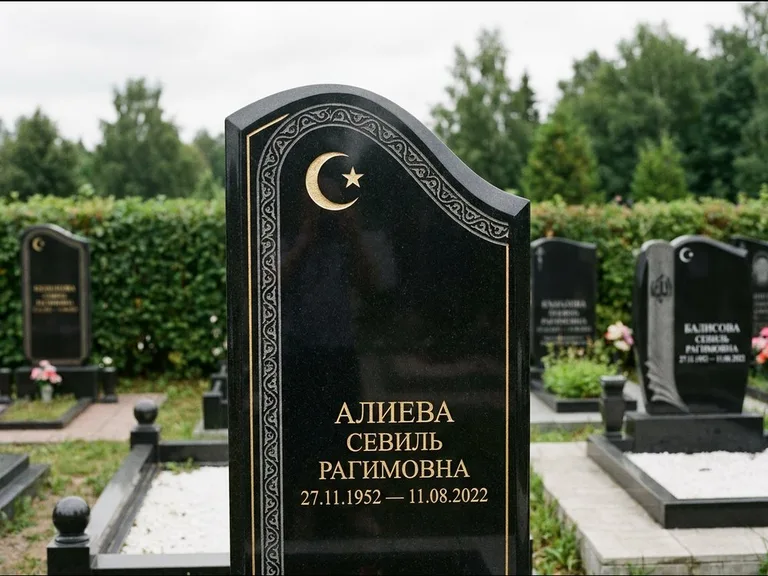 Мусульманский памятник: асимметричная скошенная стела — белая гравировка силуэта мечети с минаретами, живая изгородь из кустарника, работа «Алиева» в Омске