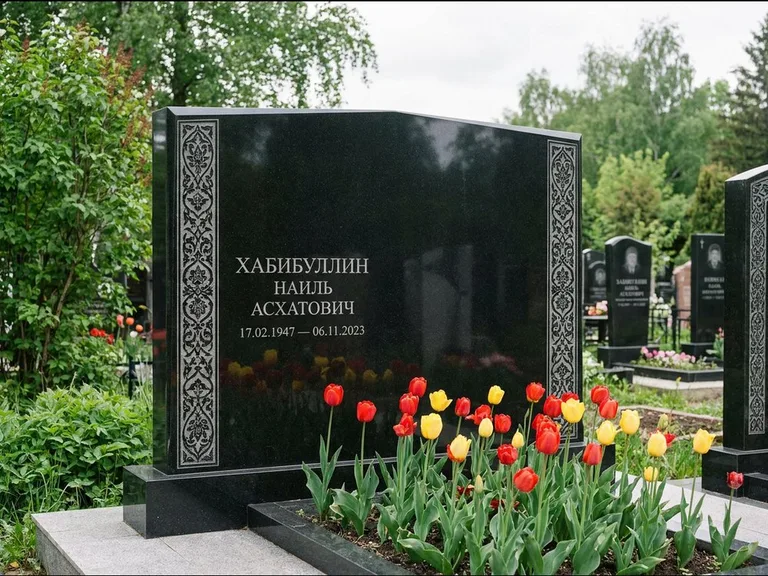 Мусульманский памятник: широкая двойная семейная стела — золочёная гравировка мечети, цветник с тюльпанами, работа «Хабибуллин» в Омске
