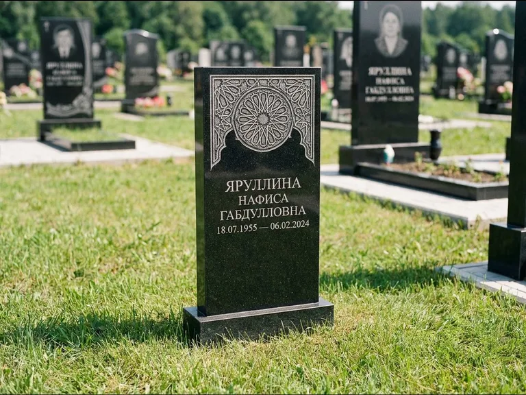 Мусульманский памятник: небольшая скромная невысокая стела — золочёная гравировка мечети, аккуратный участок с газоном, работа «Фахрутдинова» в Омске