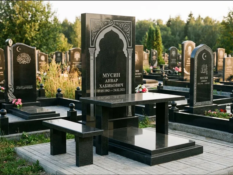 Мусульманский памятник: стела с гранитным столиком и скамьёй — гравировка мечети под полумесяцем и звёздами, семейный участок с плиткой, работа «Гимаев» в Омске