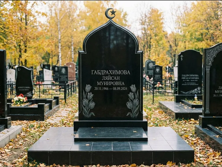 Мусульманский памятник: массивная стела с михраб-навершием — белая гравировка силуэта мечети с минаретами, цоколь тёмной плиткой, работа «Магомедова» в Омске