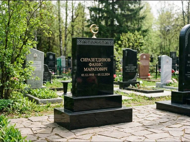 Мусульманский памятник: ступенчатая трёхуровневая стела — золочёная гравировка мечети, дорожка из природного плитняка, работа «Мустафин» в Омске