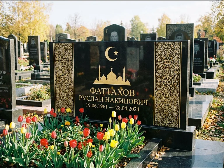 Мусульманский памятник: широкая панорамная стела с золочёным орнаментом — гравировка минарета с полумесяцем, цветник с тюльпанами, работа «Сулейманов» в Омске
