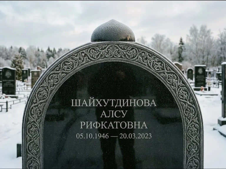 Мусульманский памятник: полукруглая стела с купольным навершием — гравировка мечети под полумесяцем и звёздами, заснеженный зимний участок, работа «Ганиева» в Омске