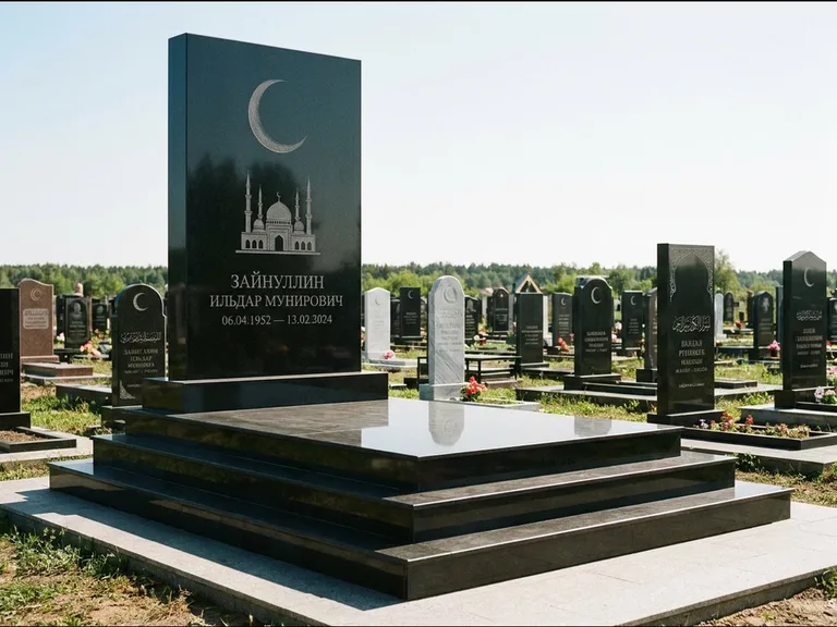Мусульманский памятник: массивная стела на ступенчатом постаменте — гравировка мечети под полумесяцем и звёздами, гранитная площадка без ограды, работа «Хабибуллин» в Омске
