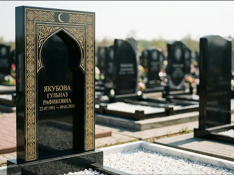 Мусульманский памятник: стела в форме михраба с глубокой нишей и золочёным орнаментом — детализированная гравировка мечети Кул-Шариф, участок с белой мраморной крошкой, работа «Мустафин» в Омске
