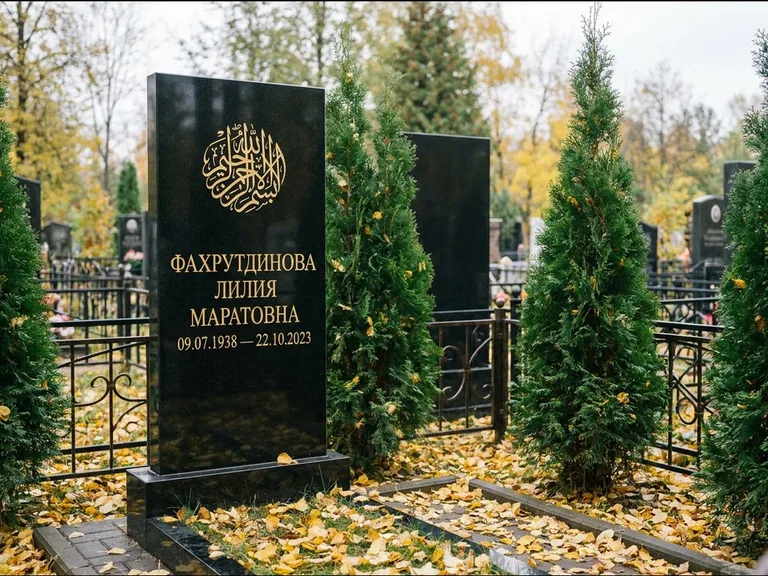 Мусульманский памятник — шахада в верхней части стелы, работа «Фахрутдинова» в Омске