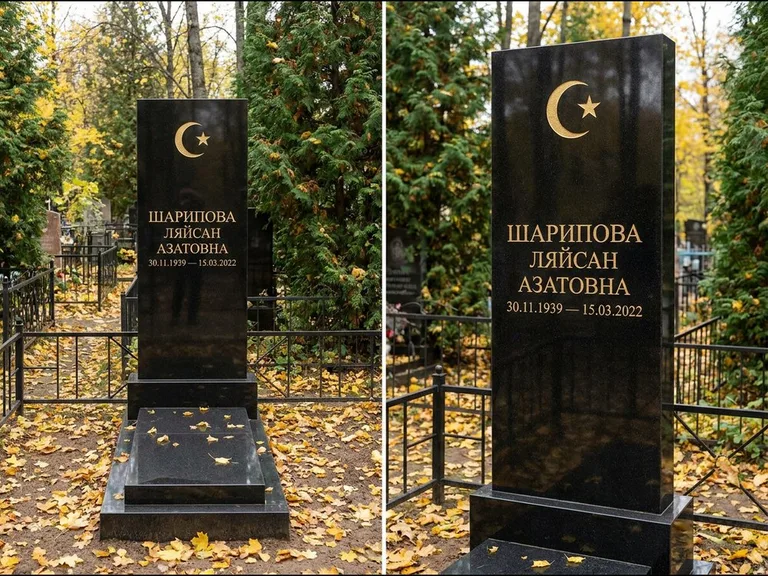 Памятник с гравировкой полумесяца — золочёная гравировка полумесяца со звездой в верхней части с, работа «Шарипова» в Омске