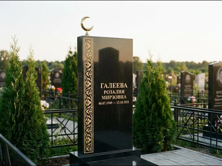 Памятник с гравировкой полумесяца — золочёный полумесяц и колонна растительного орнамента-ислими, работа «Галеева» в Омске