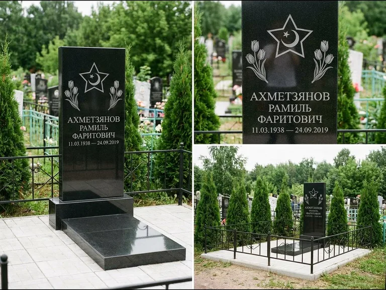 Памятник с гравировкой полумесяца — гравировка полумесяца со звездой и тюльпанами по бокам, работа «Ахметзянов» в Омске