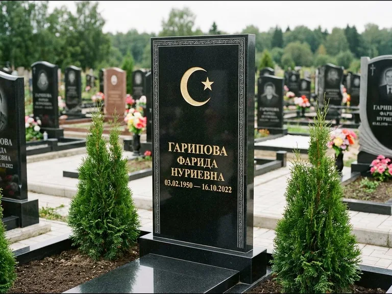 Памятник с гравировкой полумесяца — гравировка полумесяца, работа «Гарипова» в Омске