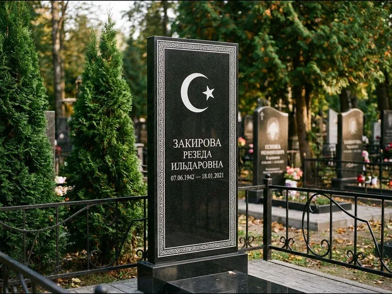 Памятник с гравировкой полумесяца — строгая белая гравировка полумесяца со звездой и орнаменталь, работа «Закирова» в Омске