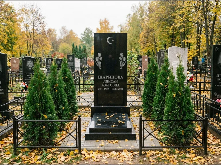 Памятник с гравировкой полумесяца — гравировка полумесяца со звездой и тюльпанами по бокам, работа «Шарипова» в Омске